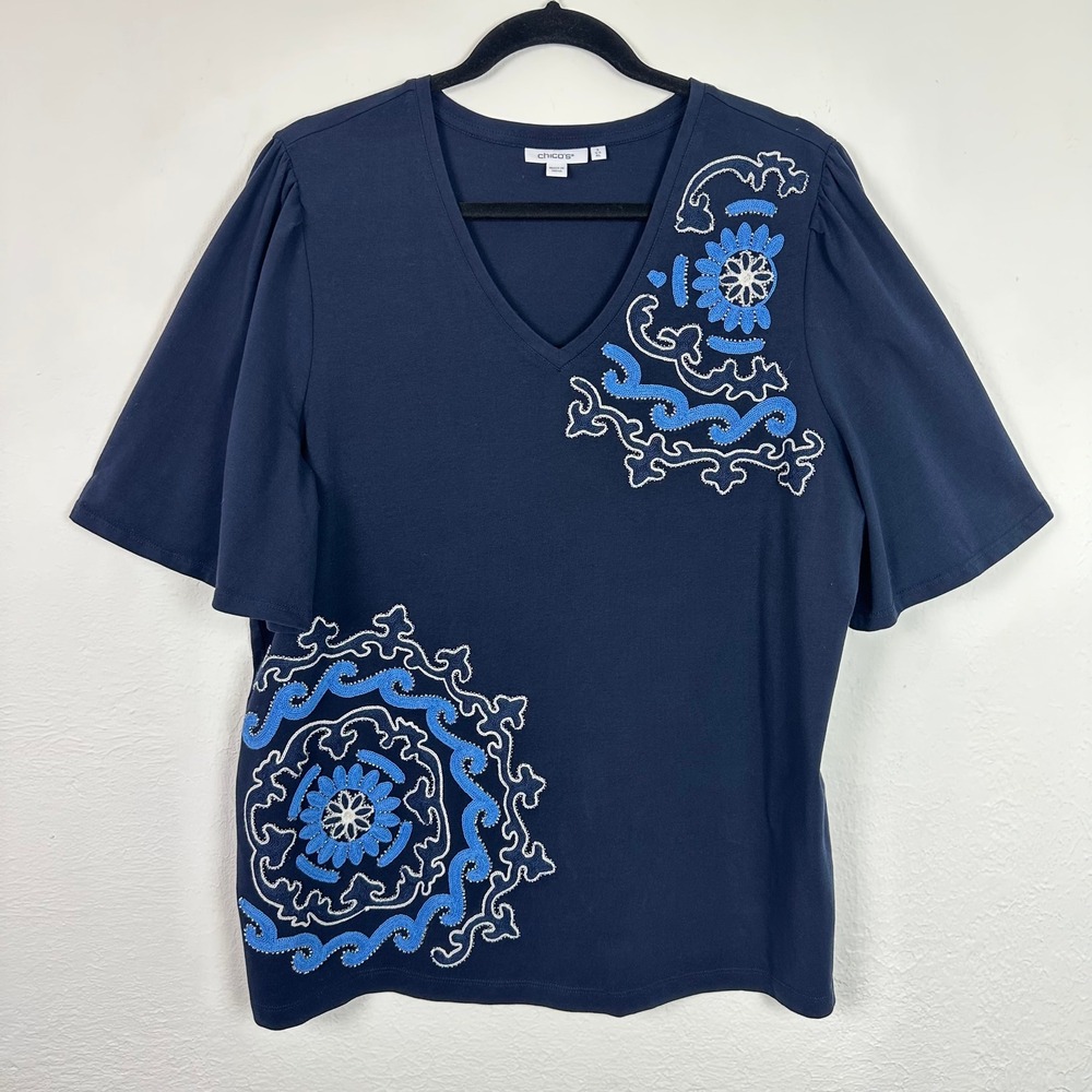 Chicos Navy Blue Embroidered Beaded V-Neck Flutter Sleeve Top Size 3 / XL Cotton